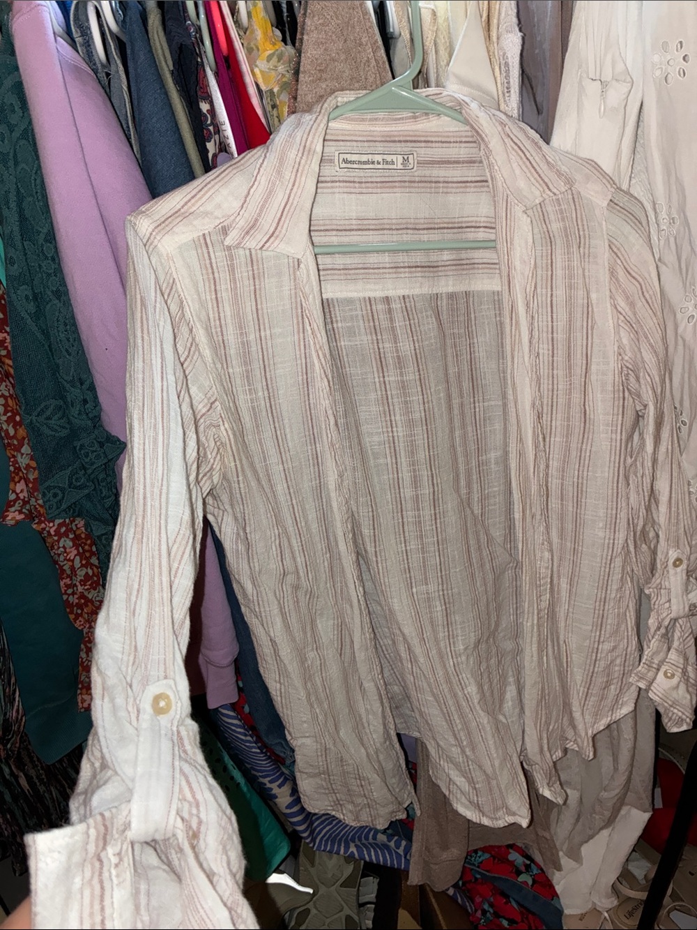 Abercrombie & Fitch Cream and Light Brown Striped Button-Up Shirt